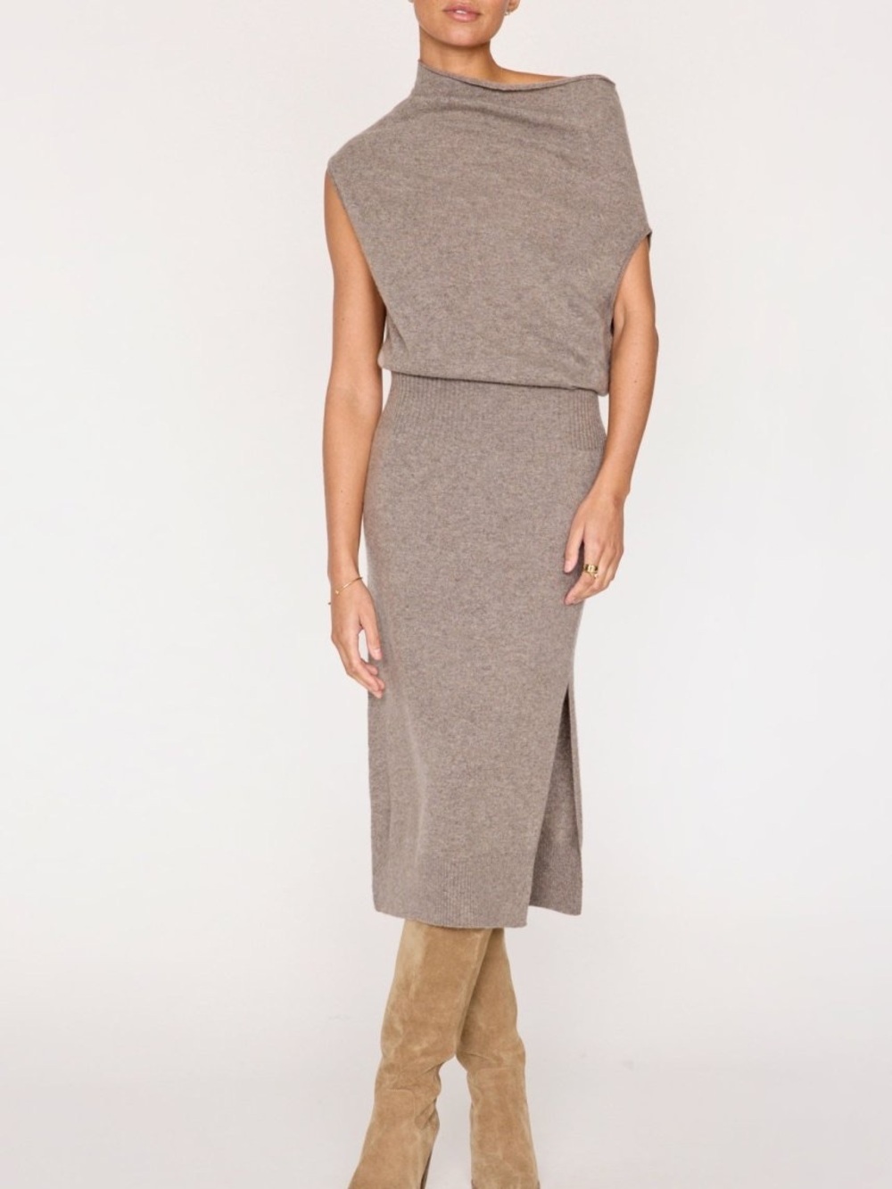 Brochu Walker The Lori Sleeveless Cashmere Midi Dress XS Otter Melange